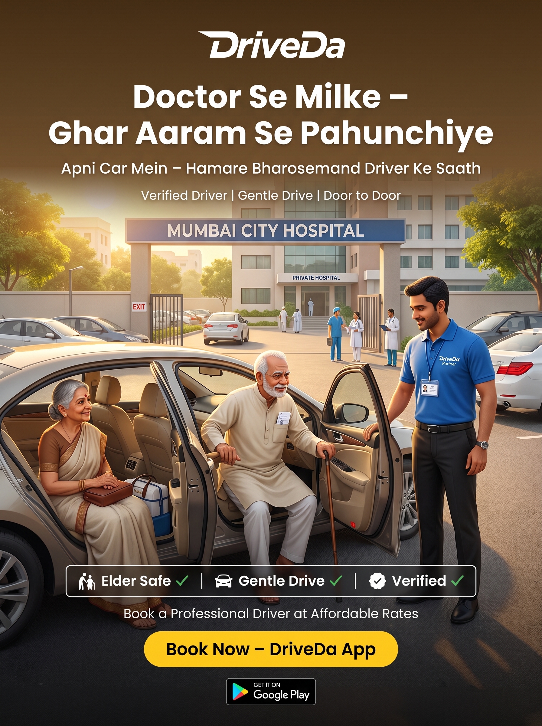 Verified DriveDa driver helping an elderly couple into their own car outside a hospital in Delhi NCR