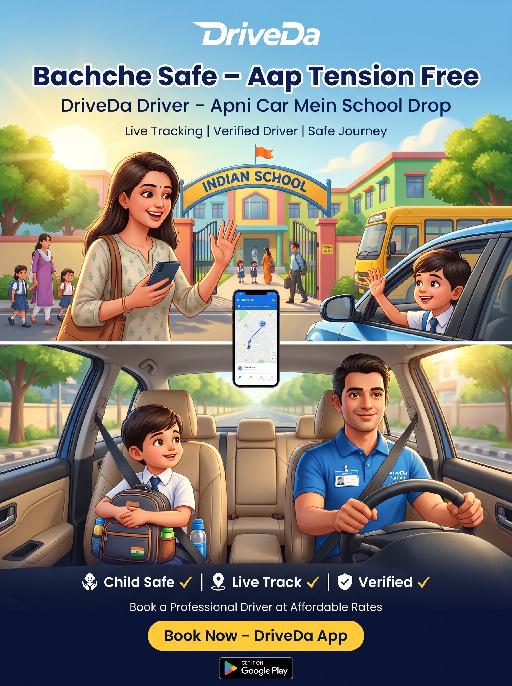 Verified DriveDa driver dropping a child to school in the family's own car with live tracking