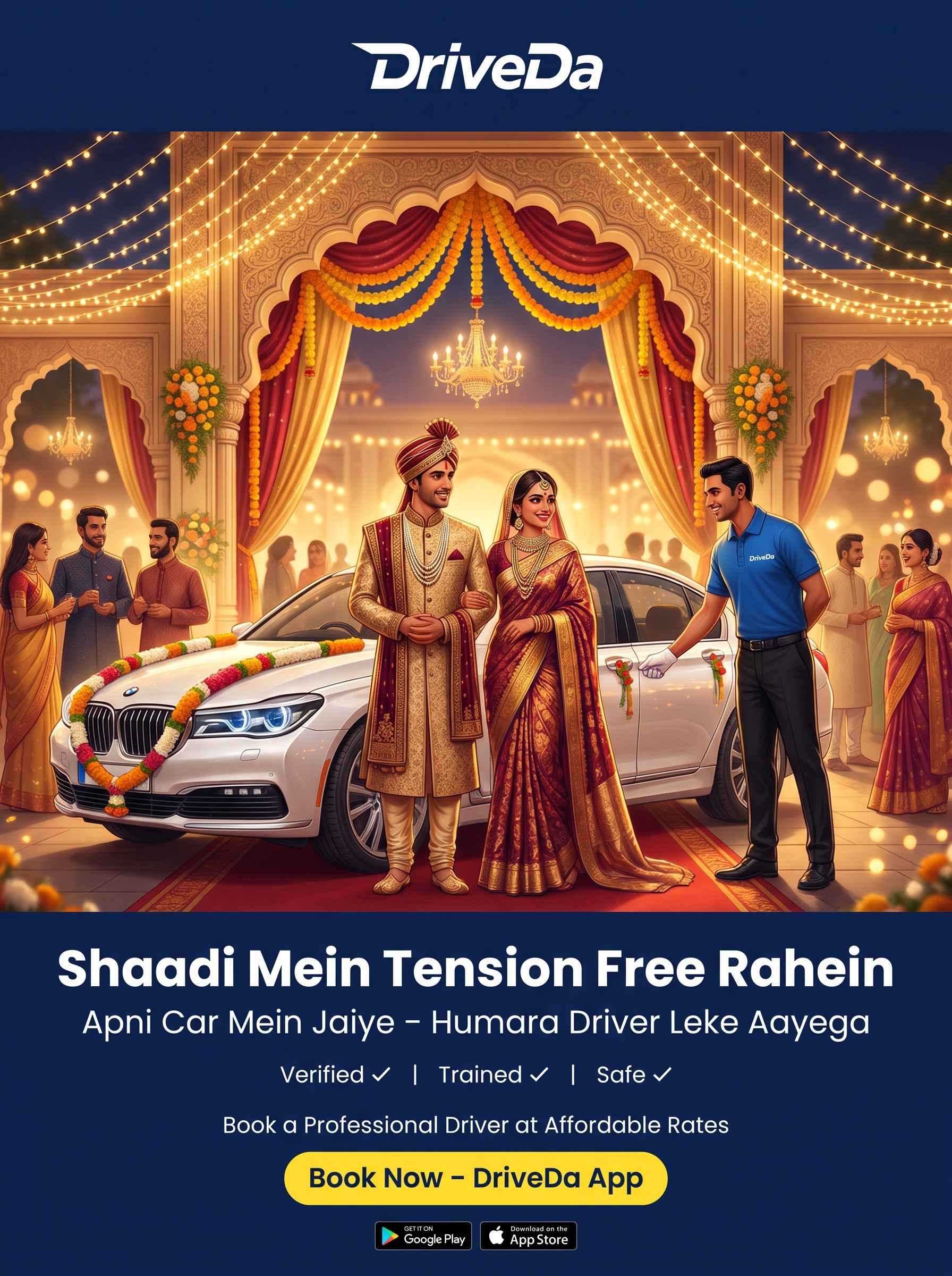 Well-presented DriveDa driver opening the car door for a bride and groom at a Delhi NCR wedding